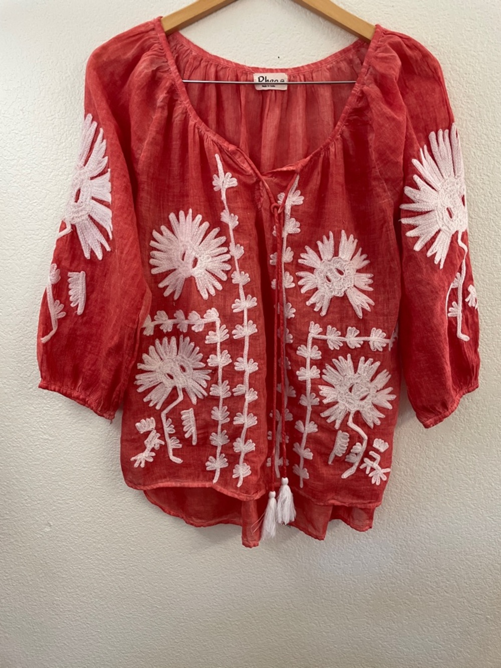 Rhea sheer coral Embroidered Peasant Top Tassel Tie boho 100% cotton L 21x28
